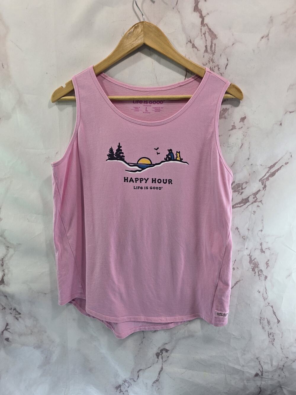 Life Is Good Tank Top Womens Large Pink Happy Hour Sunset Crusher Crew T Shirt